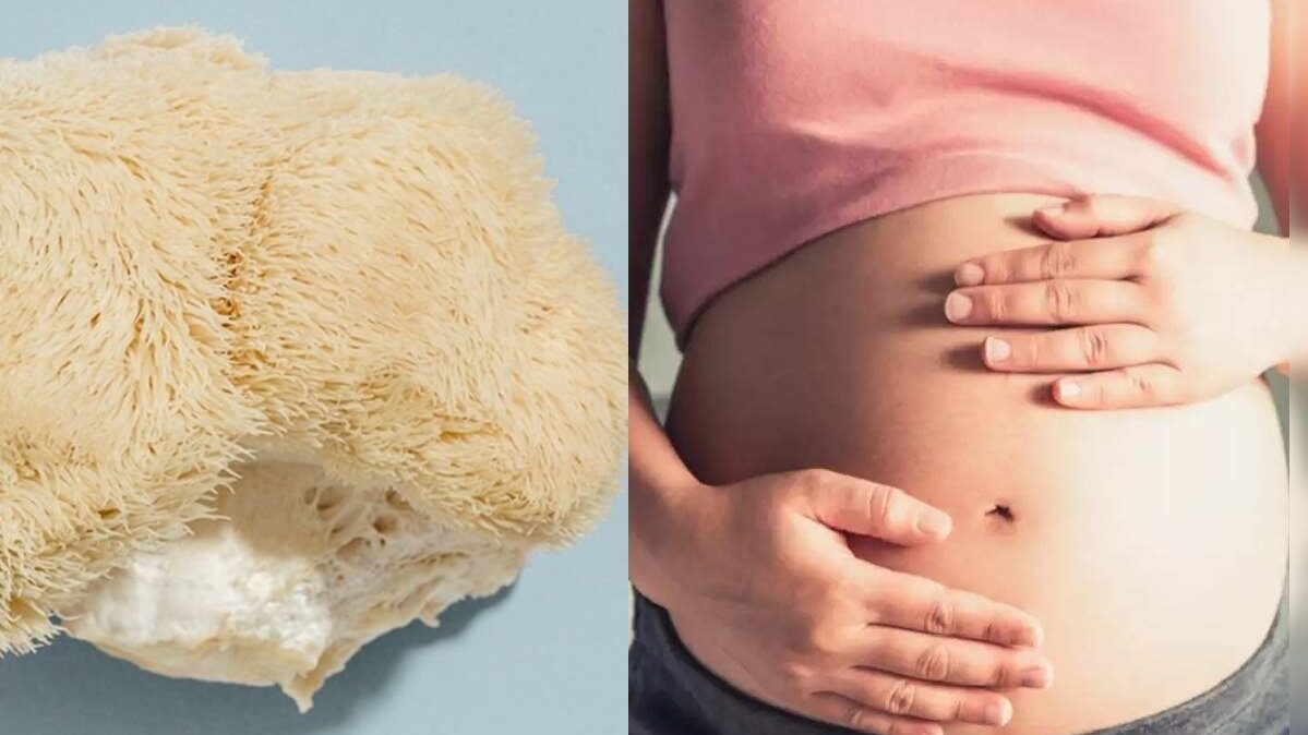 Lion's mane mushroom on left, pregnant belly on right