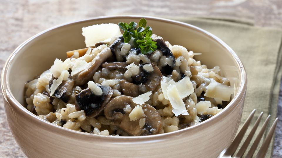 Turkey tail with mixed mushrooms 
risotto